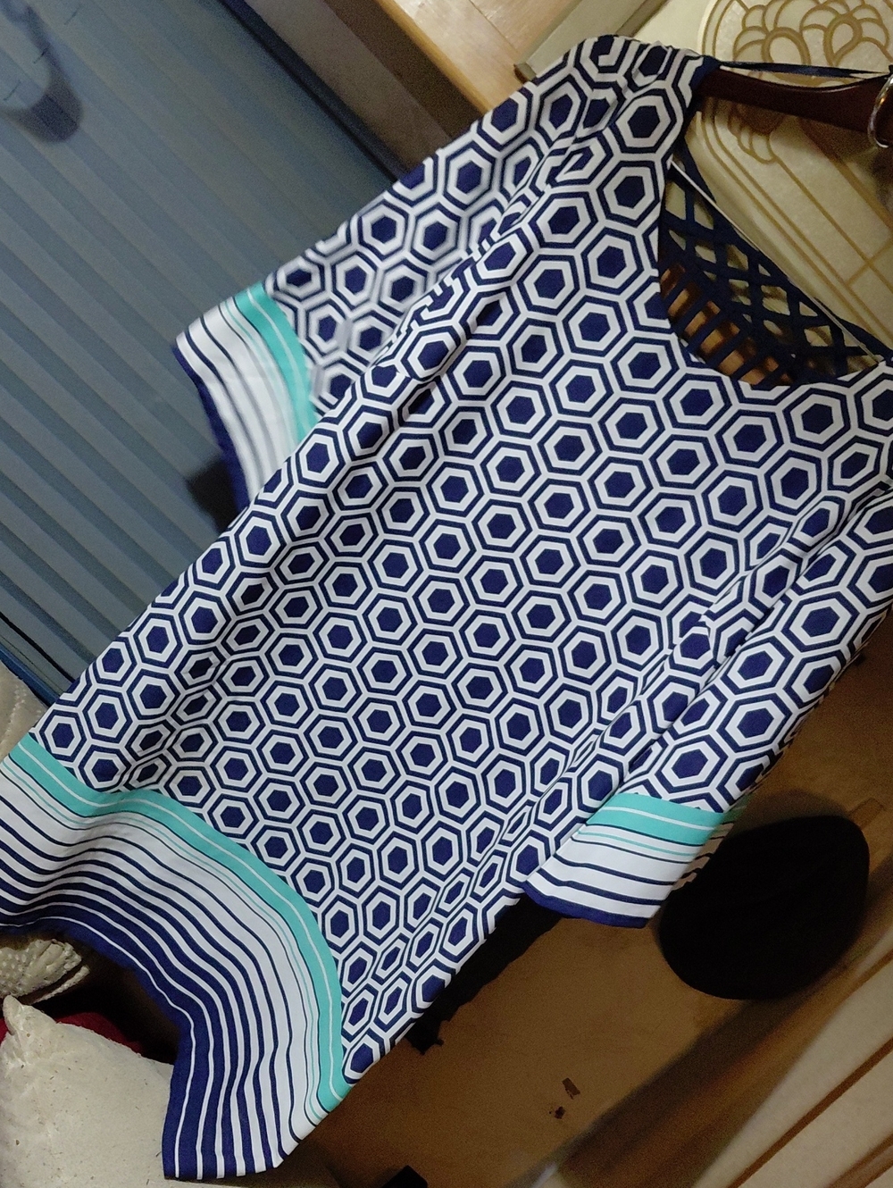 Luxology Navy Geometric Midi Dress with Teal and White Trim